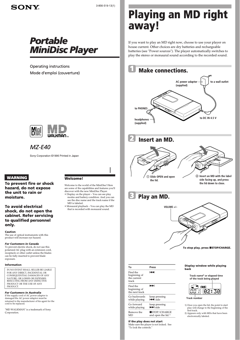Imagen de la primera página del manual del dispositivo MZ-E40