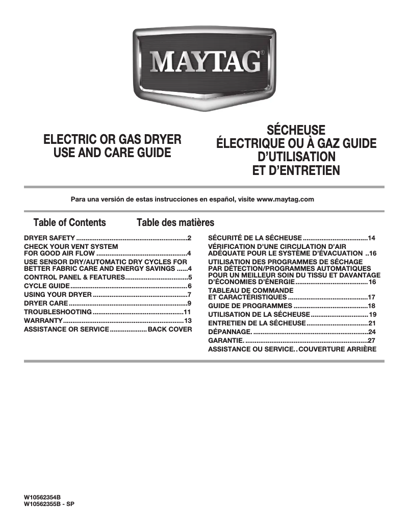 Página 1 del manual Manual de uso y mantenimiento Maytag MGDC300BW