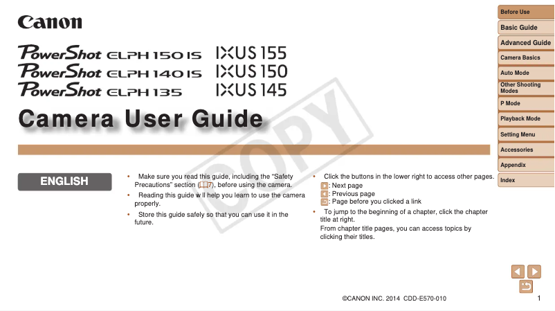 Imagen de la primera página del manual del dispositivo Powershot ELPH 140 IS