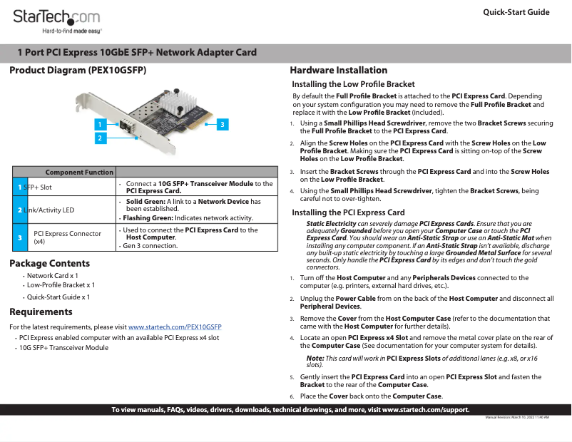 Imagen de la primera página del manual del dispositivo PEX10GSFP