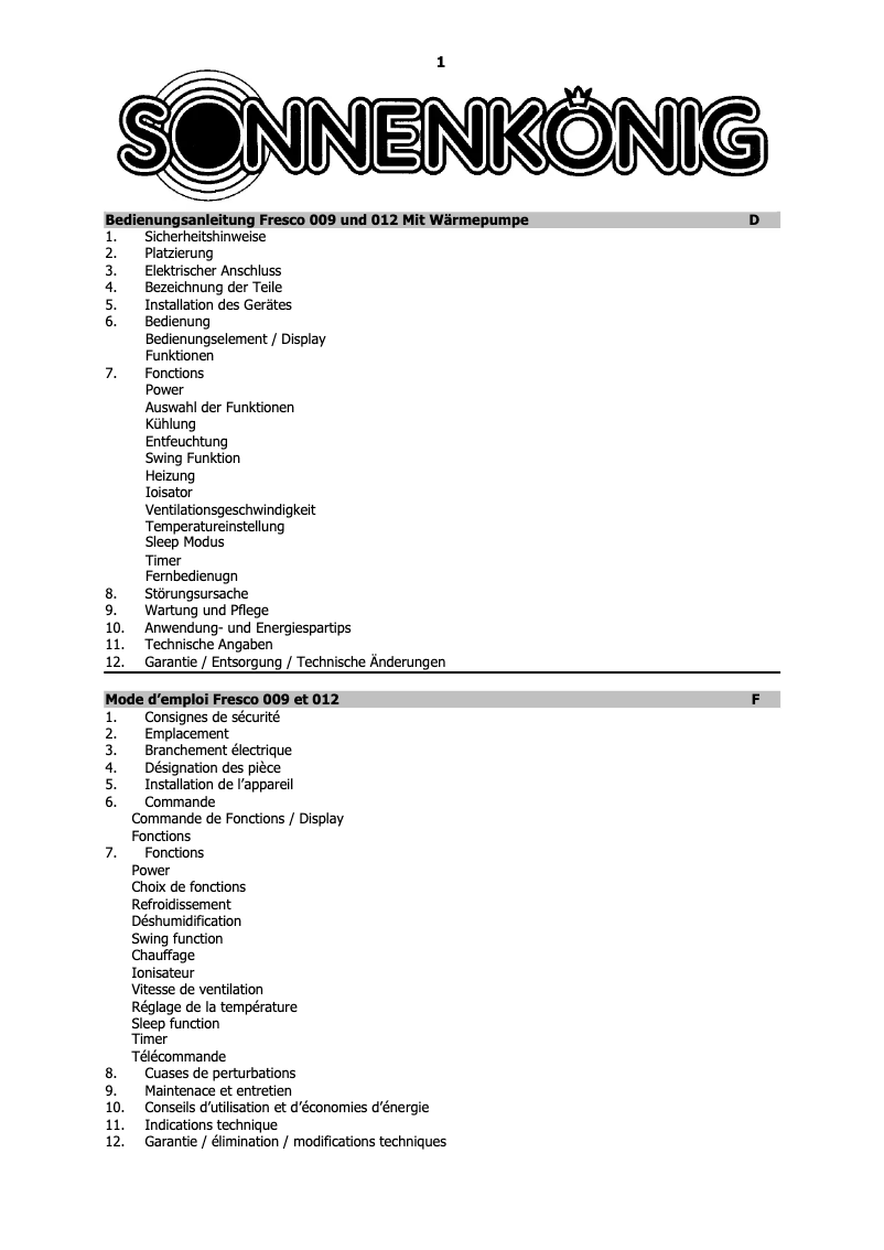 Página nº 1 - Manual de usuario Sonnenkönig Fresco 012