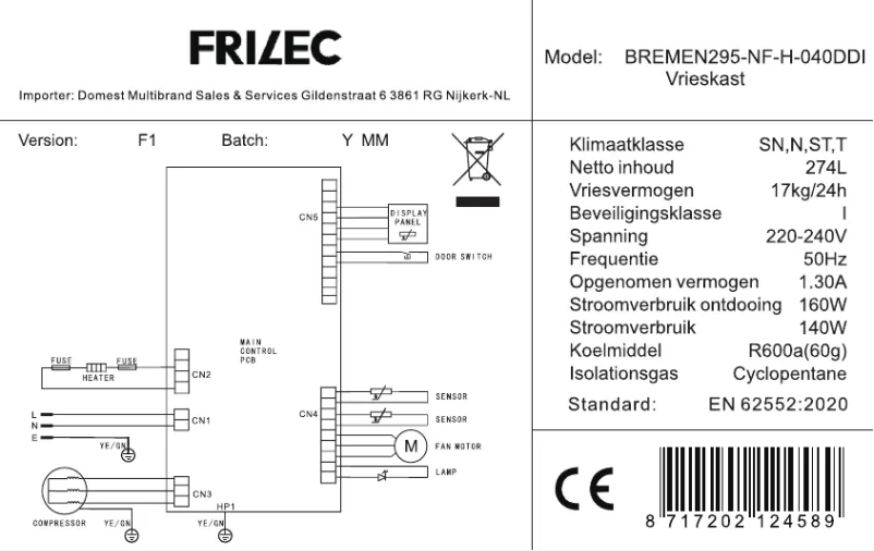 Página 1 del manual Etiqueta energética Frilec BREMEN295-NF-H-040DDI