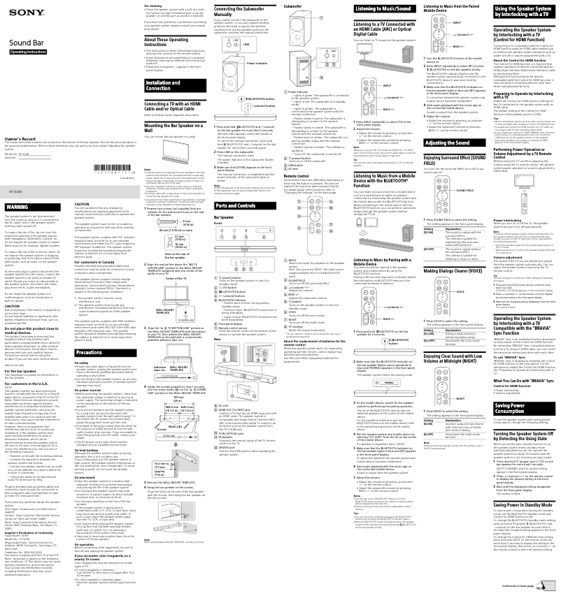 Imagen de la primera página del manual del dispositivo HT-SC40