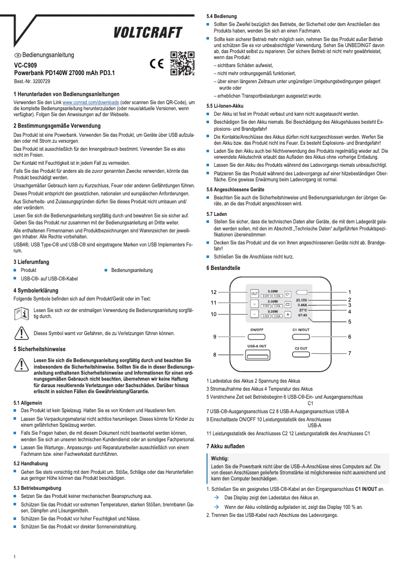 Página 1 del manual Manual de usuario Voltcraft VC-C909