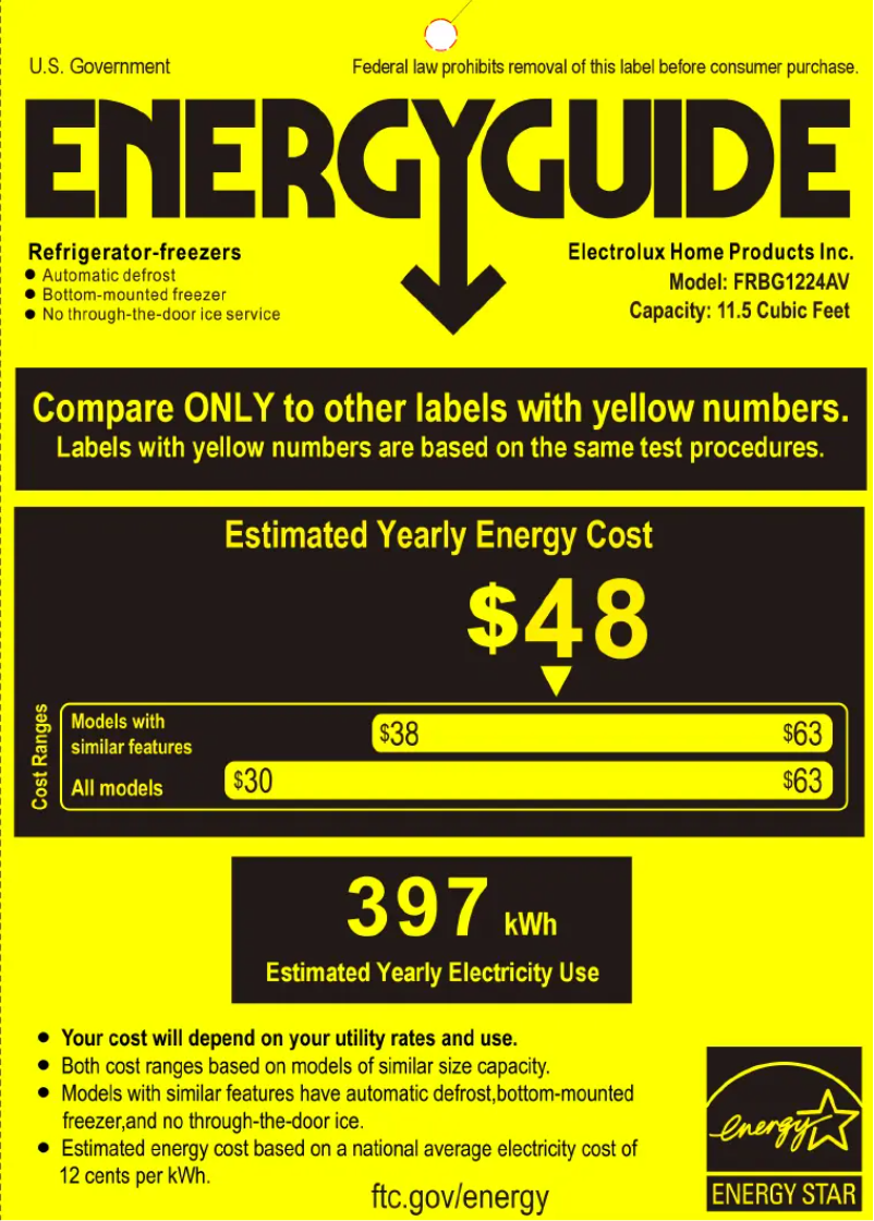 Página nº 1 - Etiqueta energética Frigidaire FRBG1224AV