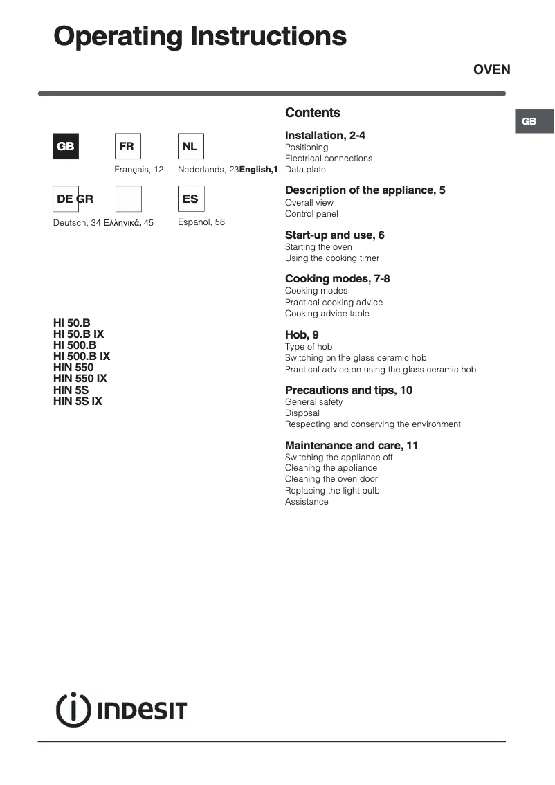 Página 1 del manual Manual de usuario Indesit HI 50.B IX