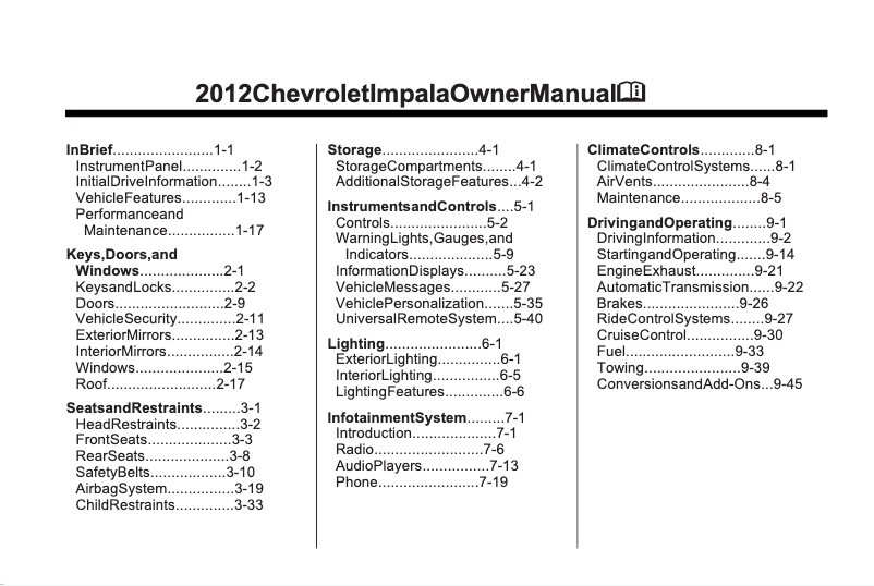 Página 1 del manual Manual de usuario Chevrolet Impala (2012)