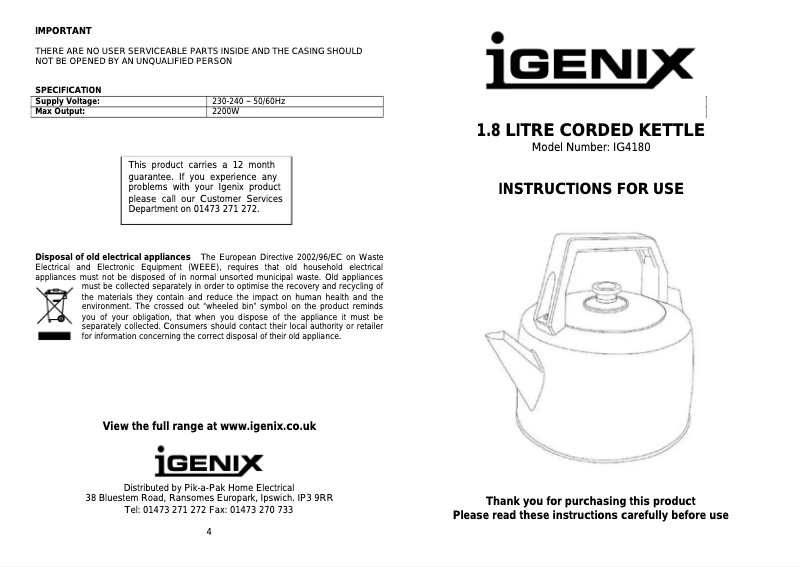 Imagen de la primera página del manual del dispositivo IG4180