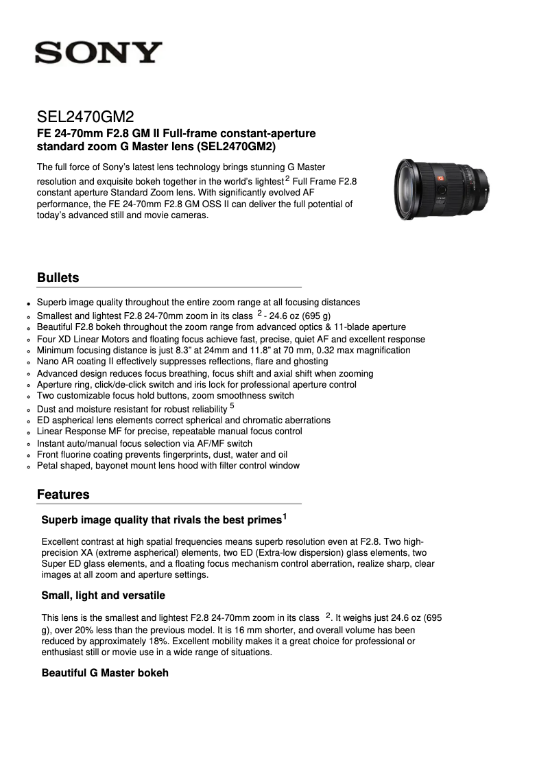 Página 1 del manual Ficha técnica Sony SEL2470GM2