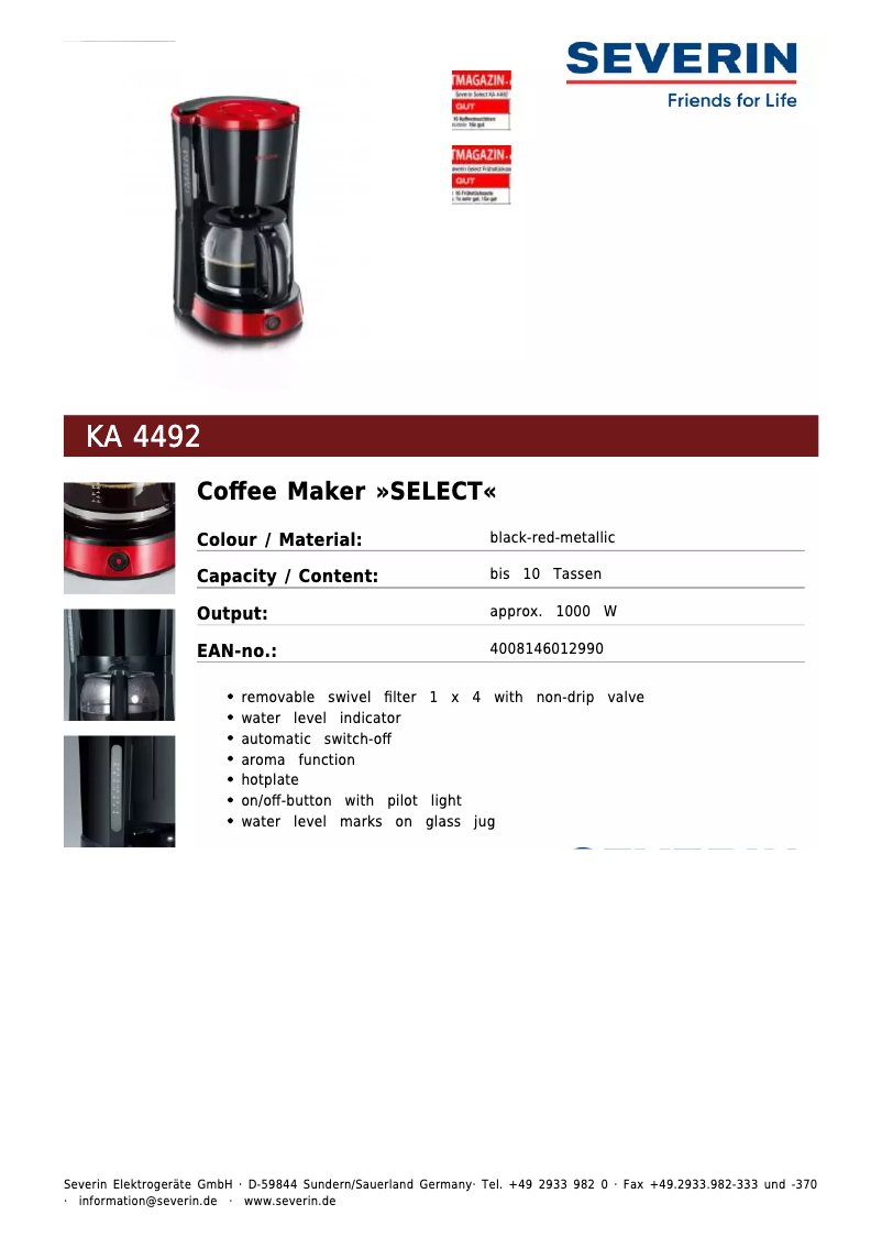 Página 1 del manual Ficha técnica Severin KA 4492