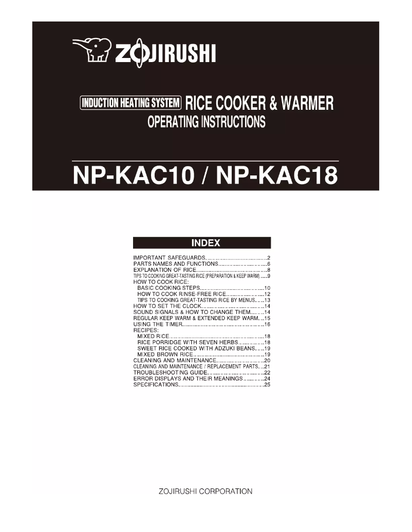 Página nº 1 - Manual de usuario Zojirushi NP-KAC10
