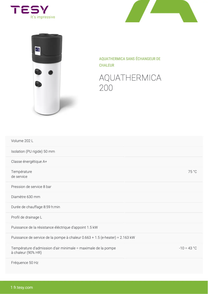 Página 1 del manual Ficha técnica Tesy AquaThermica 200