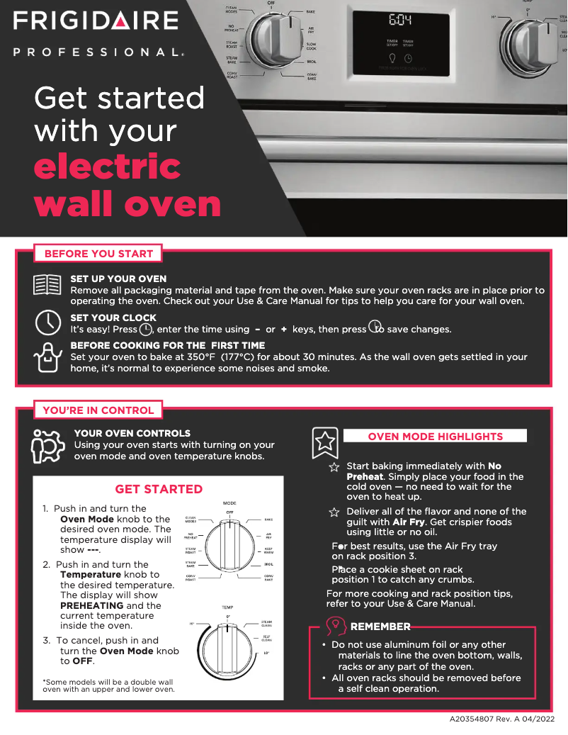 Página 1 del manual Guía de inicio rápido Frigidaire PCWD3080AF