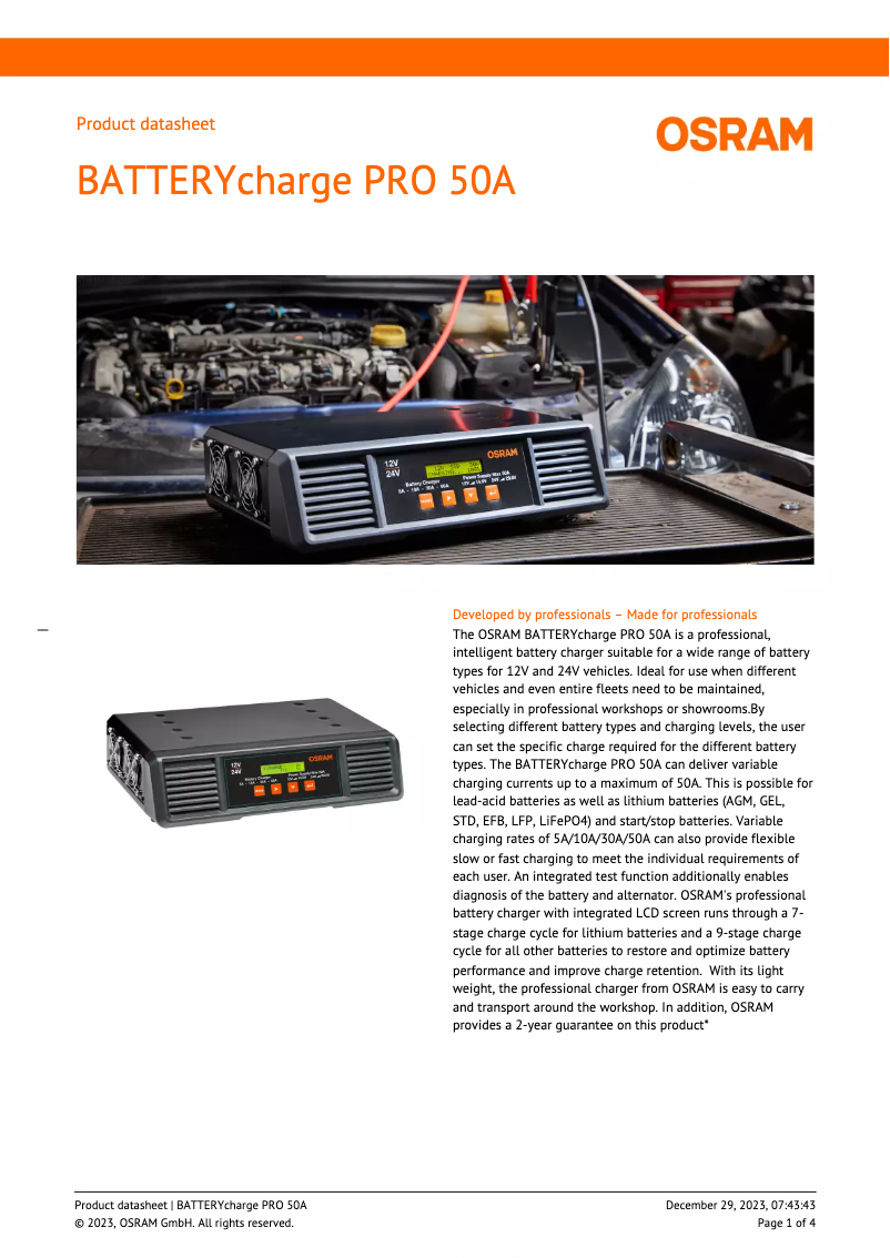 Página 1 del manual Ficha técnica Osram BATTERYcharge PRO 50A