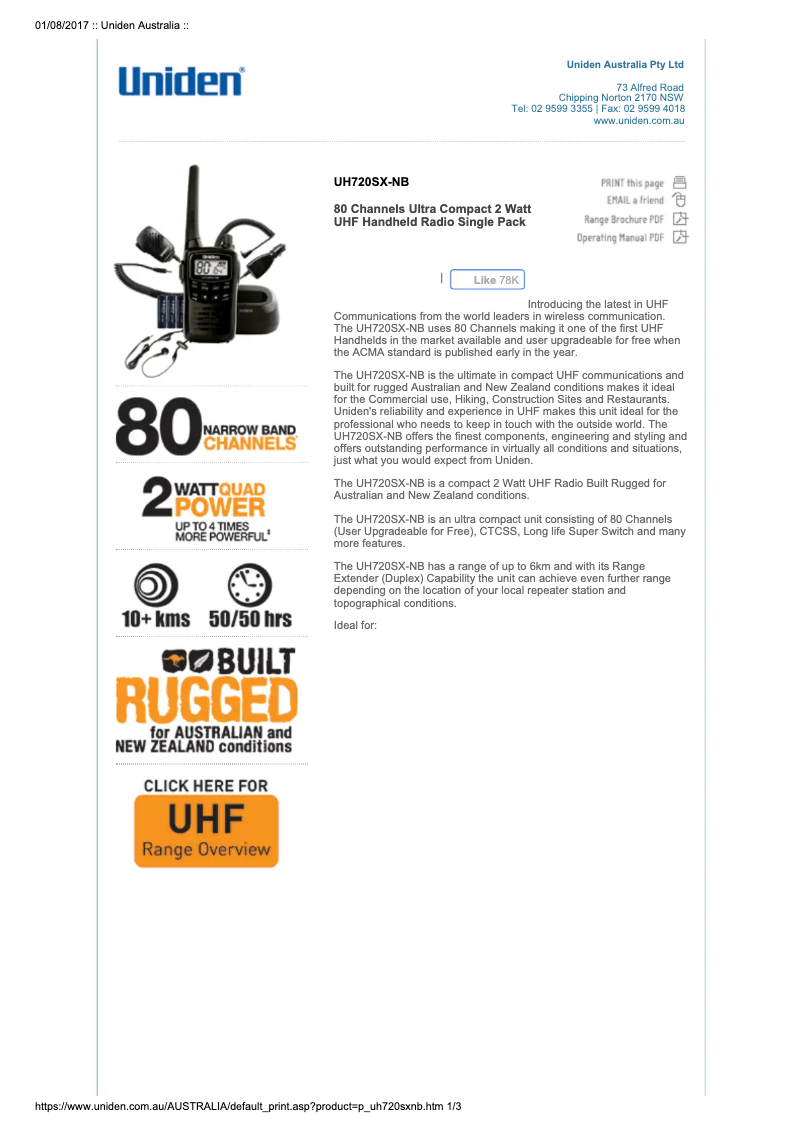 Página nº 1 - Ficha técnica Uniden UH720SX-NB