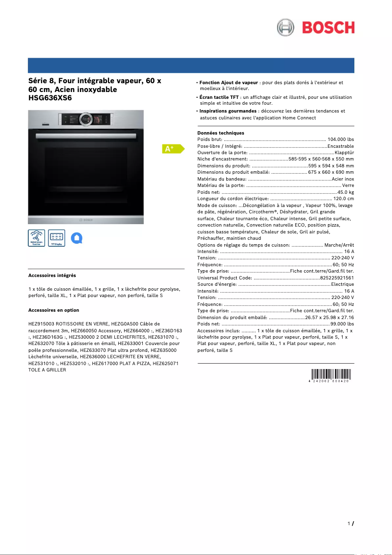 Página 1 del manual Ficha técnica Bosch HSG636XS6