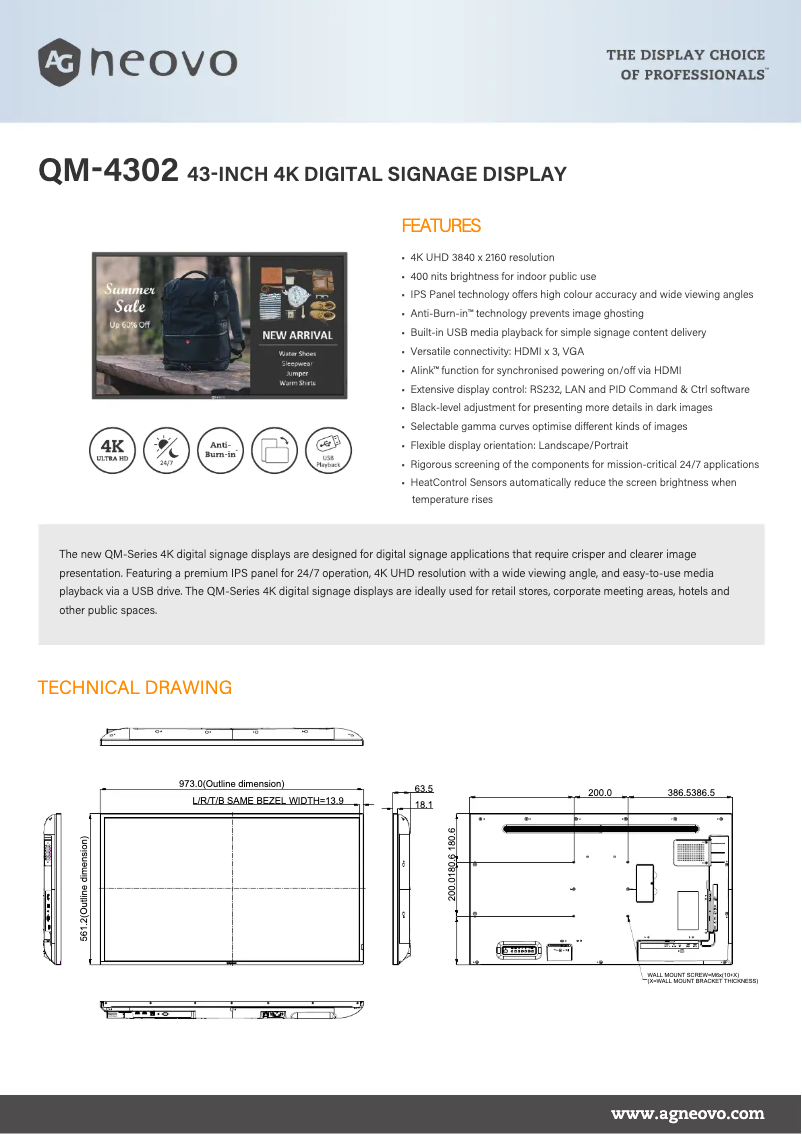 Página 1 del manual Ficha técnica AG Neovo QM-4302