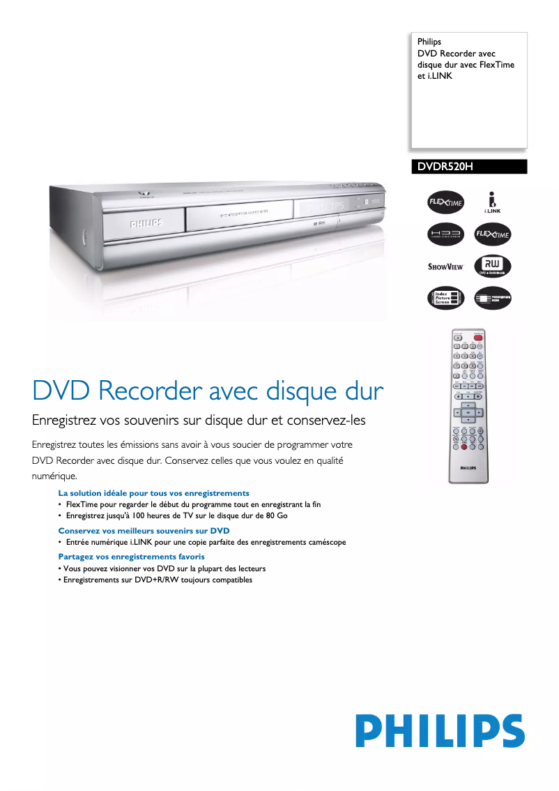 Página 1 del manual Ficha técnica Philips DVDR520H