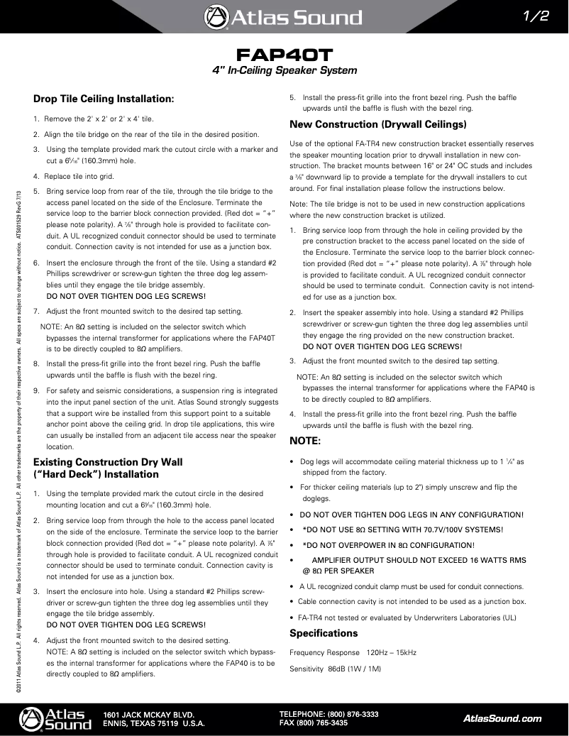 Página 1 del manual Manual de instrucciones Atlas Sound FAP40T