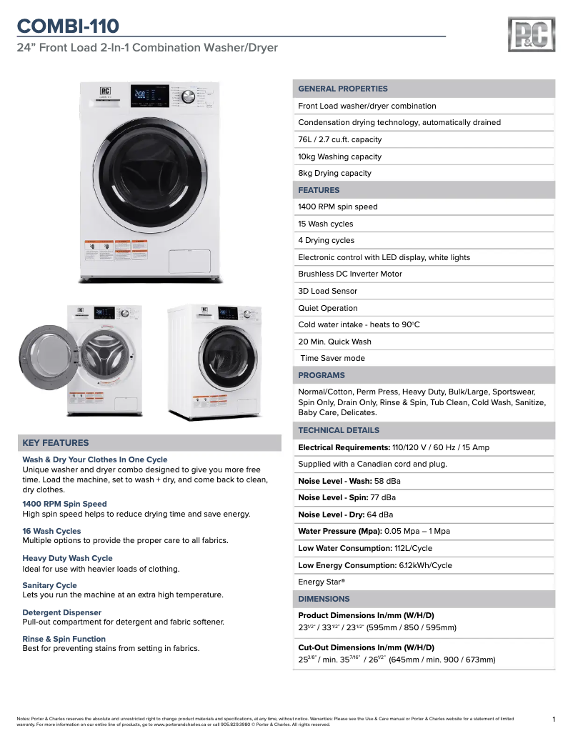Página 1 del manual Ficha técnica Porter & Charles COMBI-110