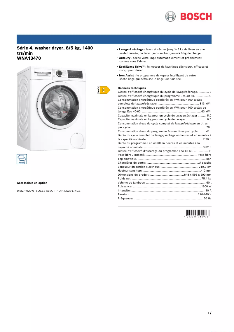 Página 1 del manual Ficha técnica Bosch WNA13470