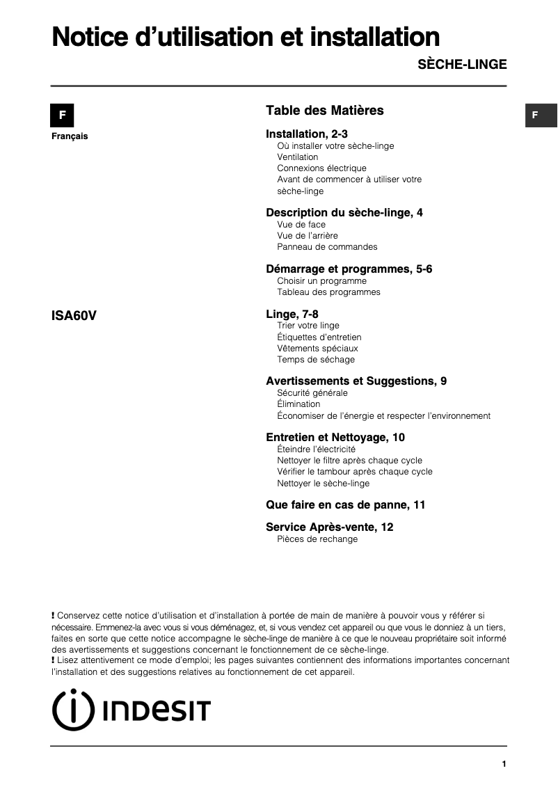 Página 1 del manual Manual de usuario Indesit ISA60V (FR)