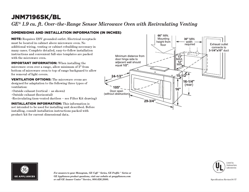 Página 1 del manual Ficha técnica GE JNM7196BLTS