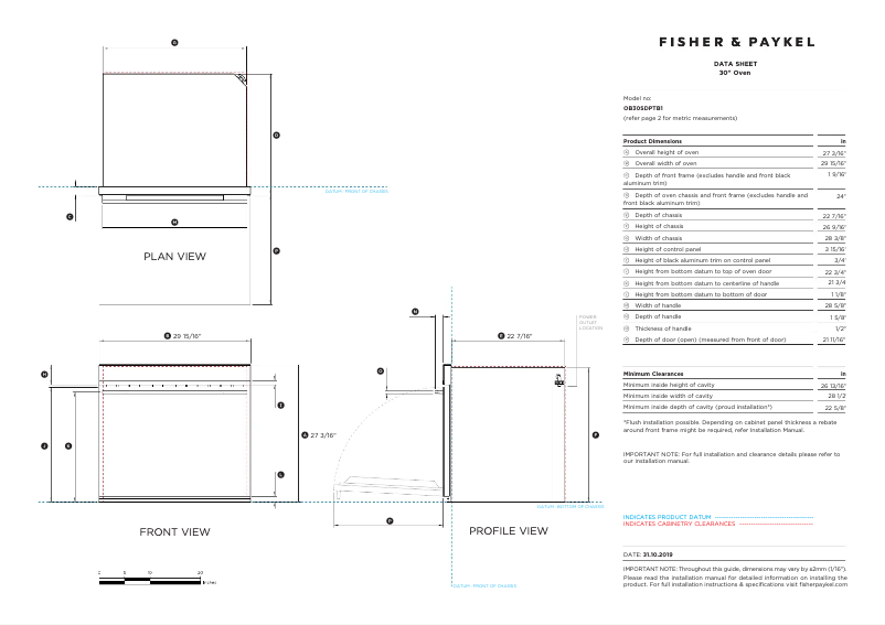 Página 1 del manual Ficha técnica Fisher & Paykel OB30SDPTB1