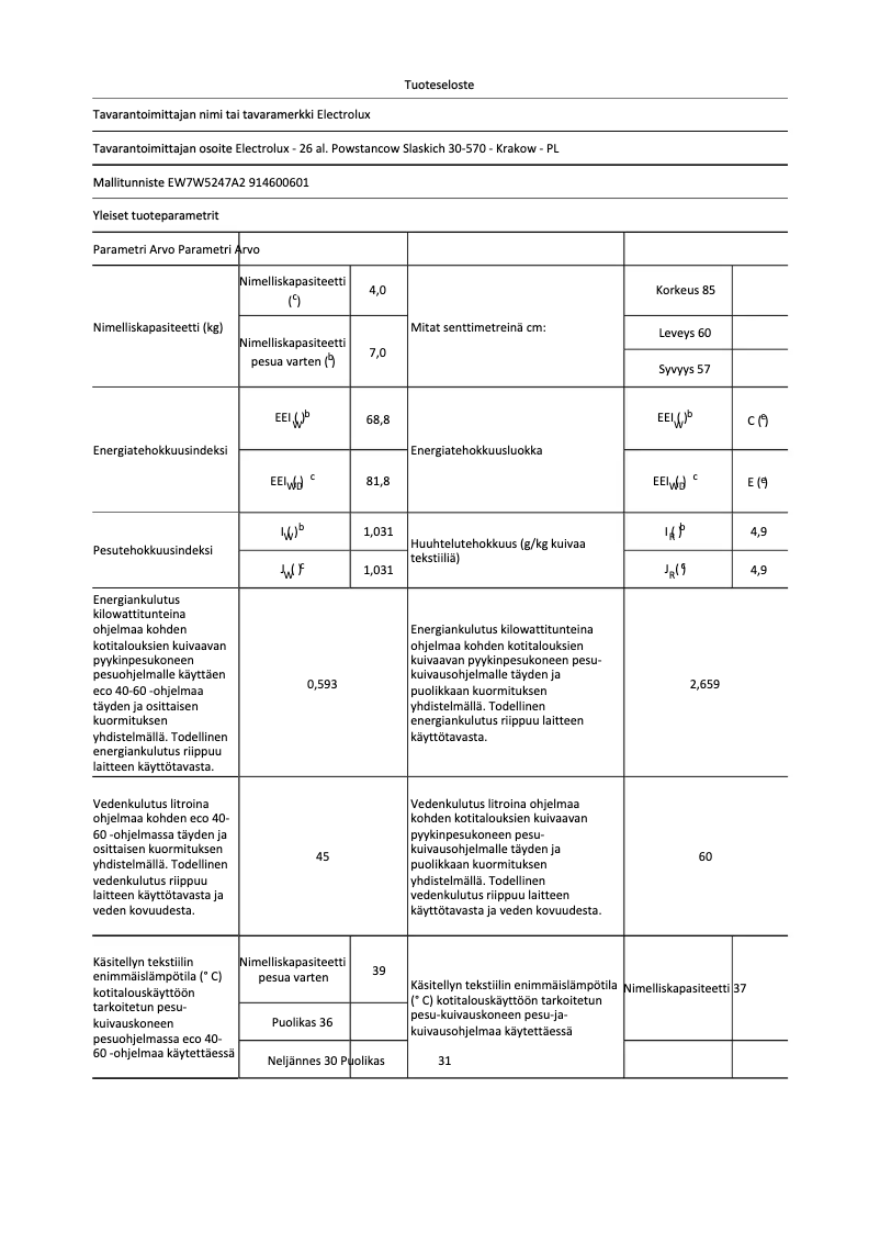 Página 1 del manual Ficha técnica Electrolux EW7W5247A2