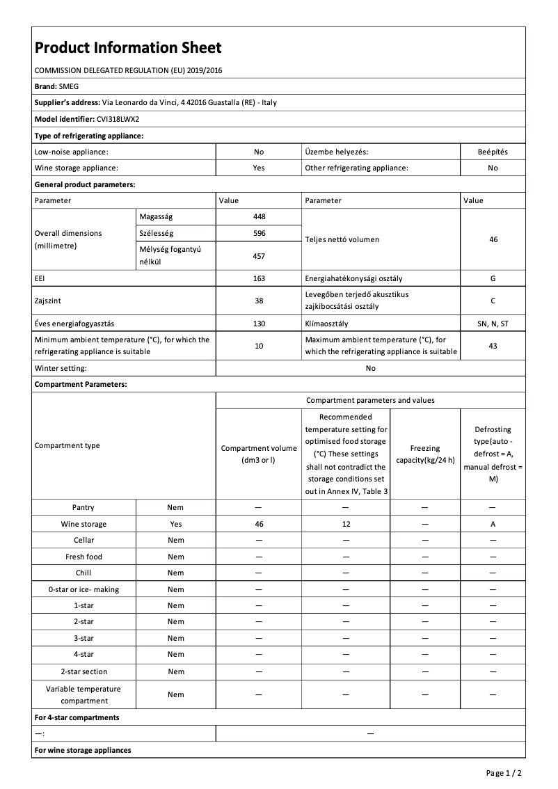 Página 1 del manual Ficha técnica Smeg CVI318LWX2