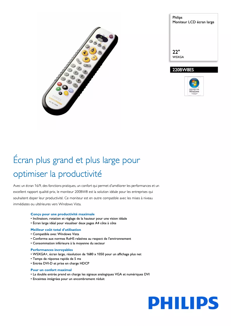 Página 1 del manual Ficha técnica Philips 220BW8ES