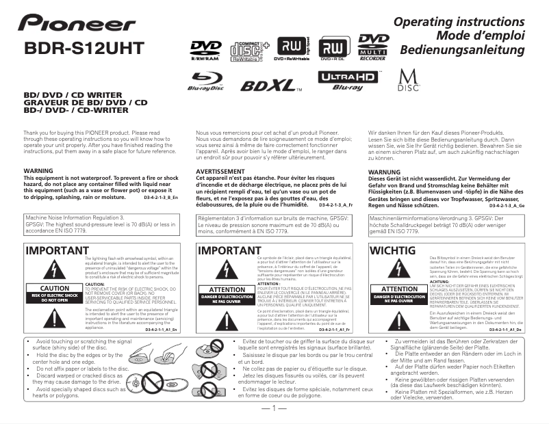 Página nº 1 - Manual de usuario Pioneer BDR-S12UHT