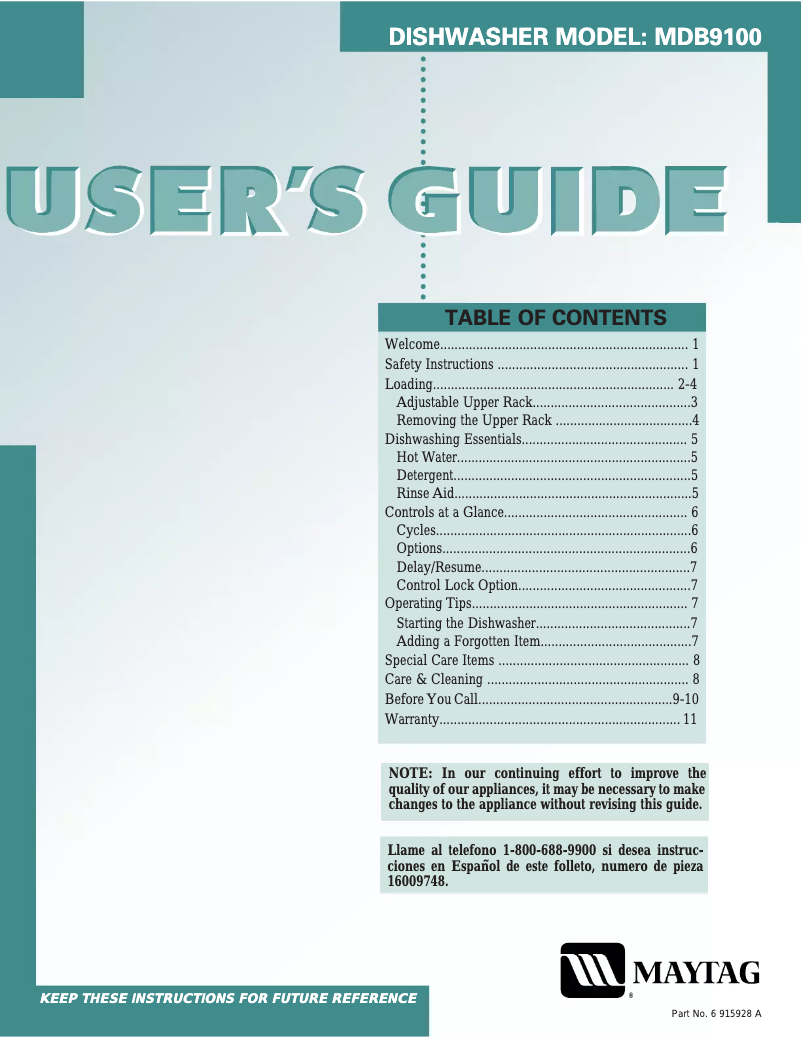 Página 1 del manual Manual de usuario Maytag MDB9100