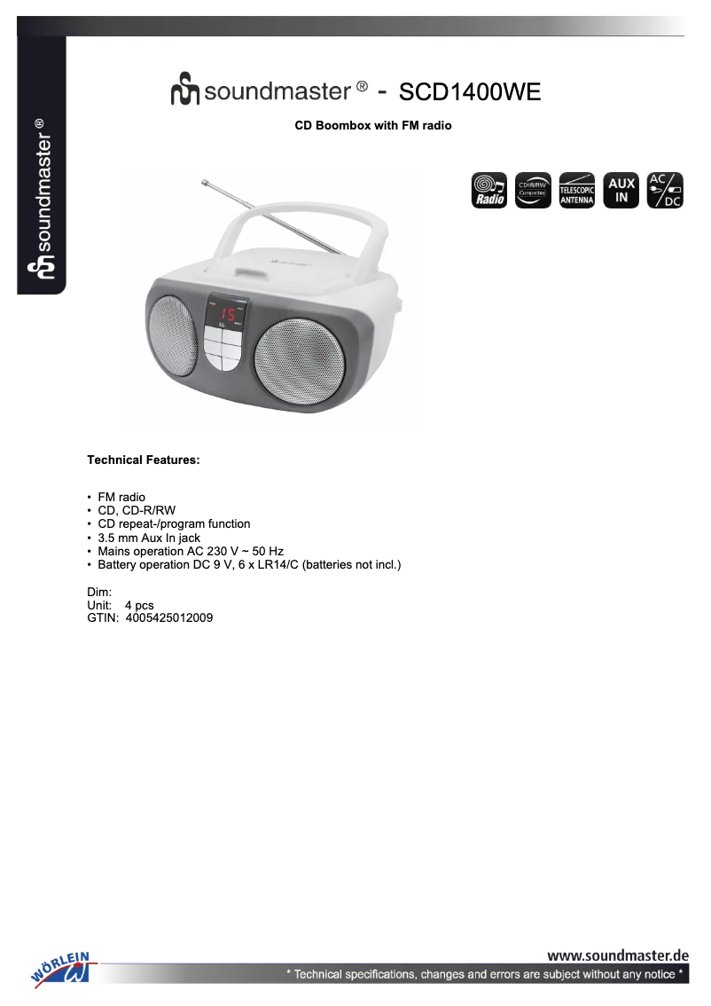 Página 1 del manual Ficha técnica Soundmaster SCD1400