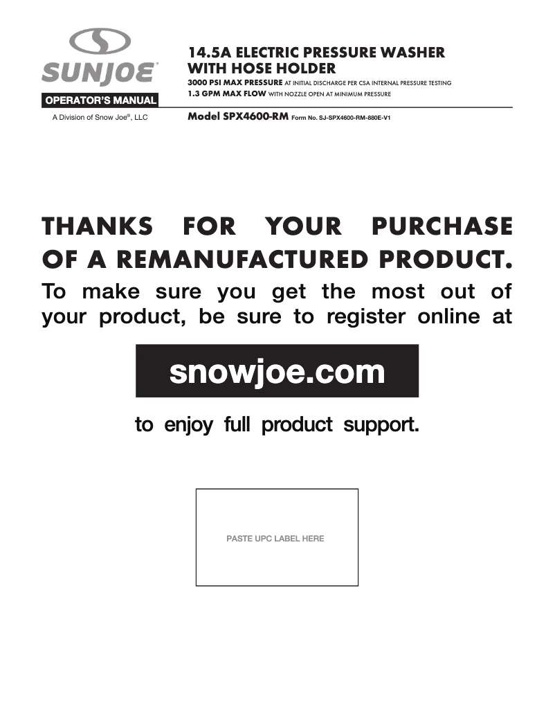 Página nº 1 - Manual de usuario Sun Joe SPX4600-RM