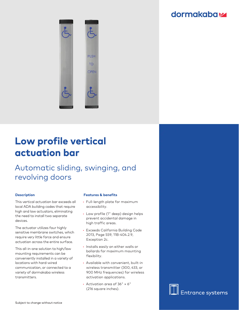 Imagen de la primera página del manual del dispositivo Low Profile Vertical Actuation Bar