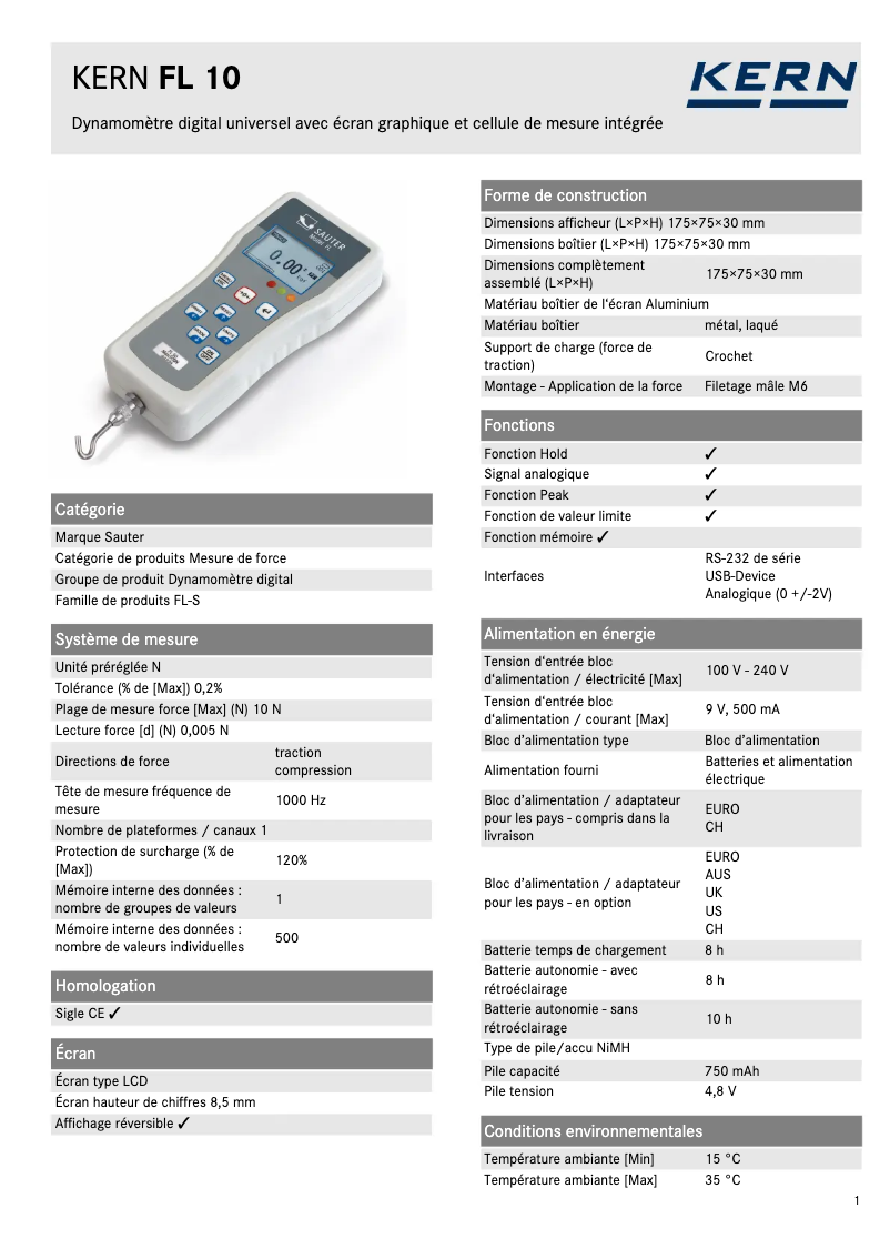Página 1 del manual Ficha técnica Kern FL 10