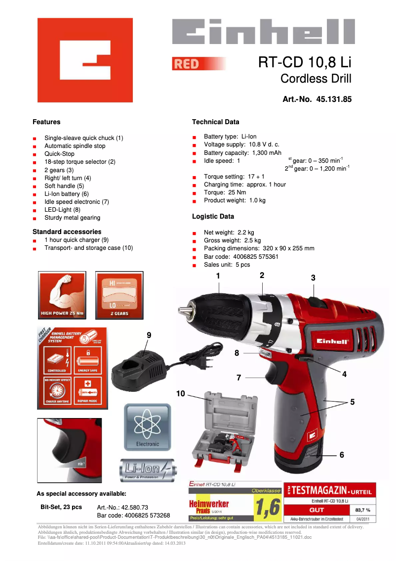 Página 1 del manual Ficha técnica Einhell RT-CD 10,8 Li