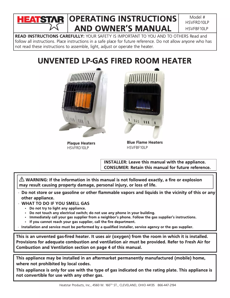 Página 1 del manual Manual de usuario HeatStar HSVFRD10LP