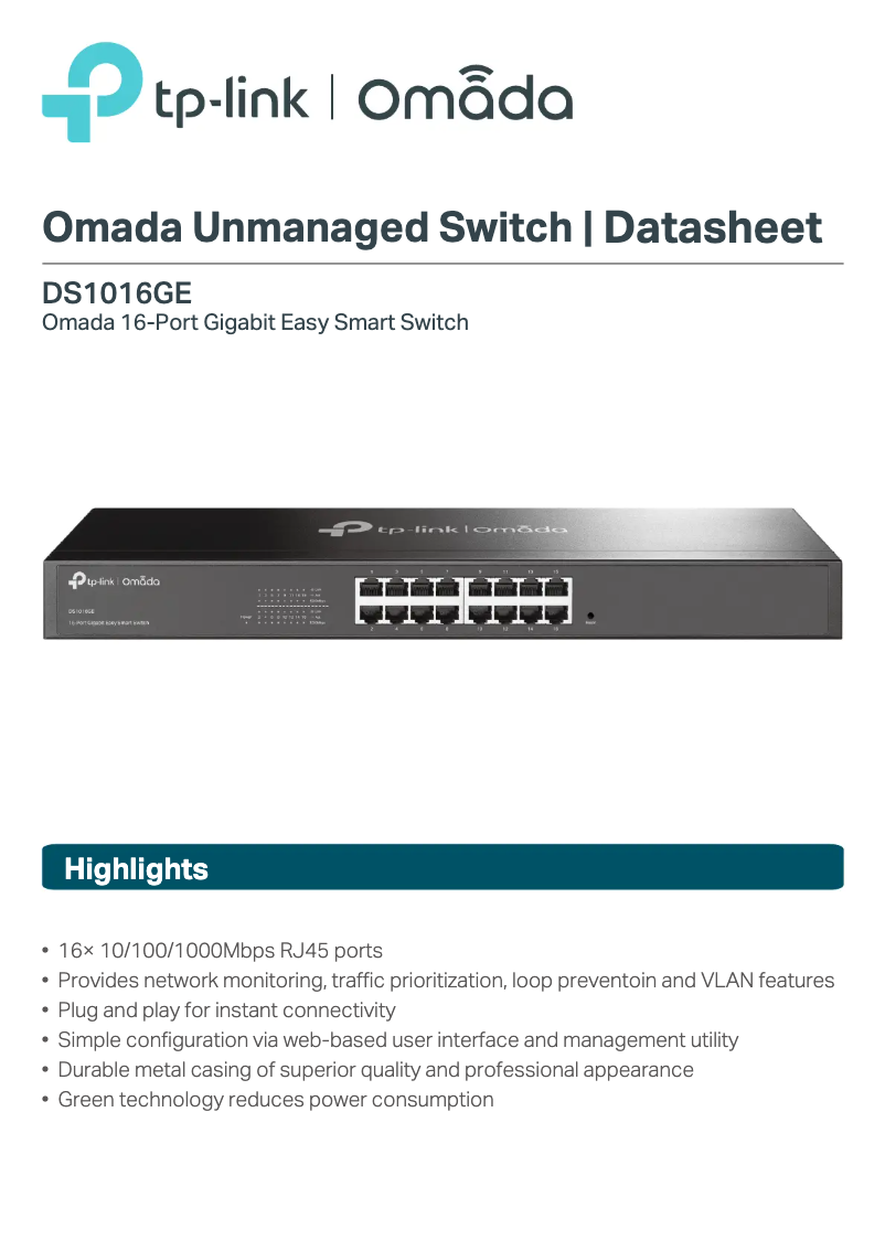 Imagen de la primera página del manual del dispositivo Omada DS1016GE