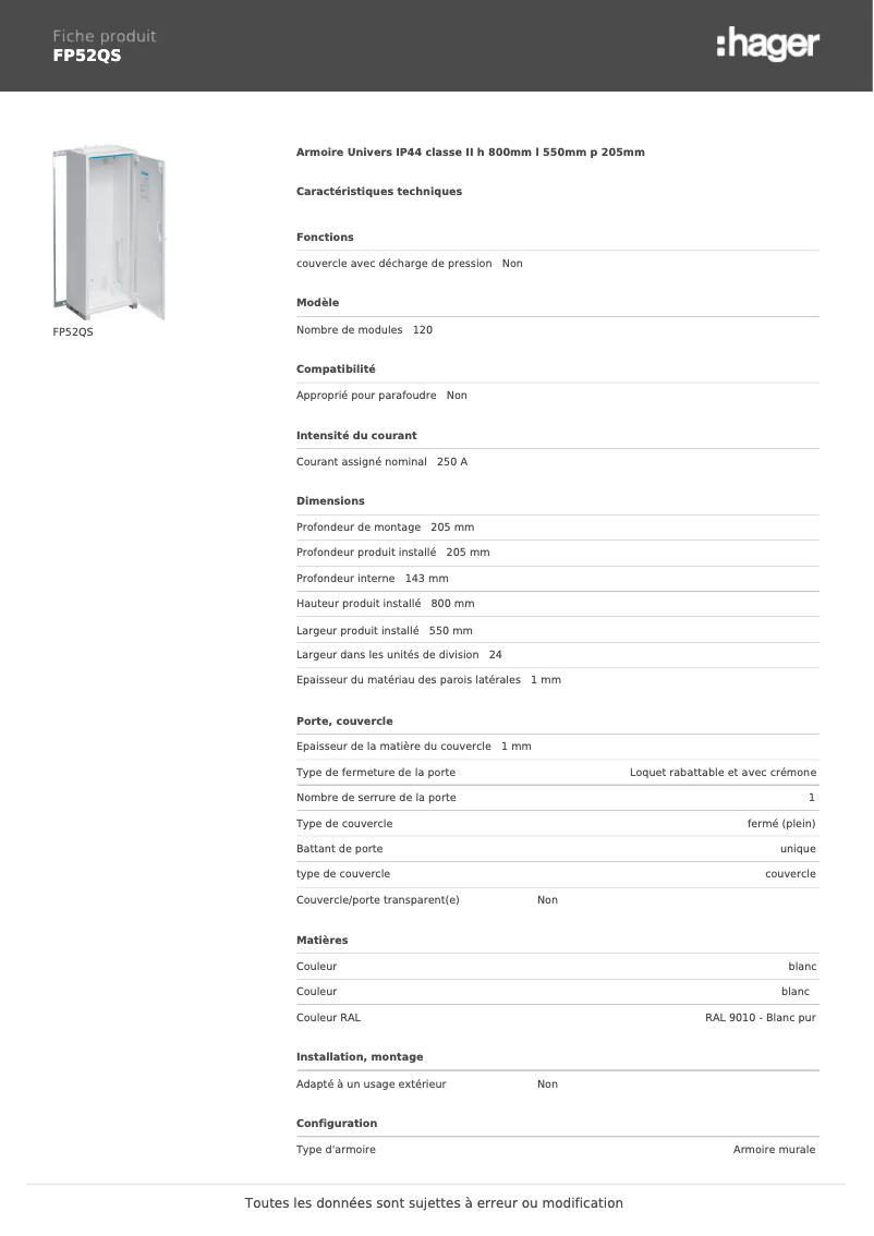 Página 1 del manual Ficha técnica Hager FP52QS