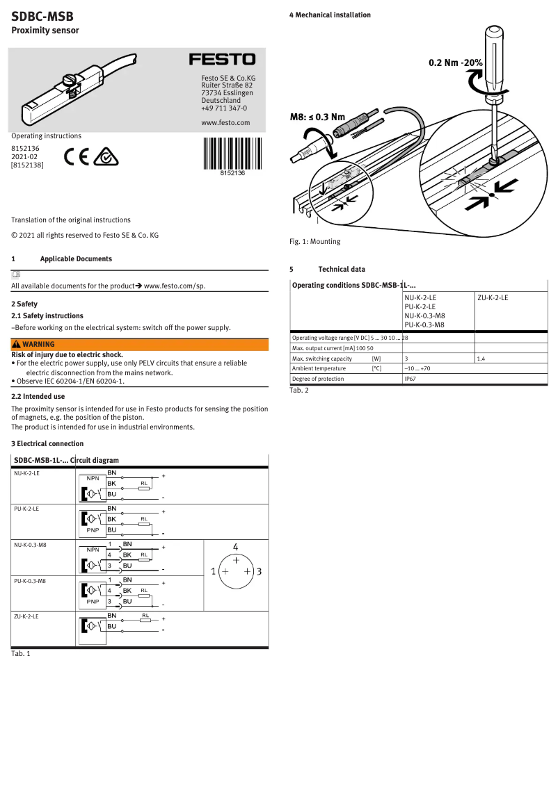 Imagen de la primera página del manual del dispositivo SDBC-MSB-1L-NU-K-0.3-M8