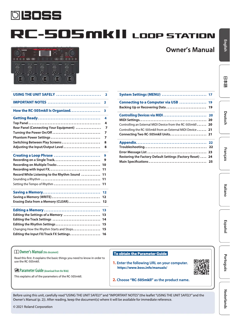 Imagen de la primera página del manual del dispositivo RC-505MKII