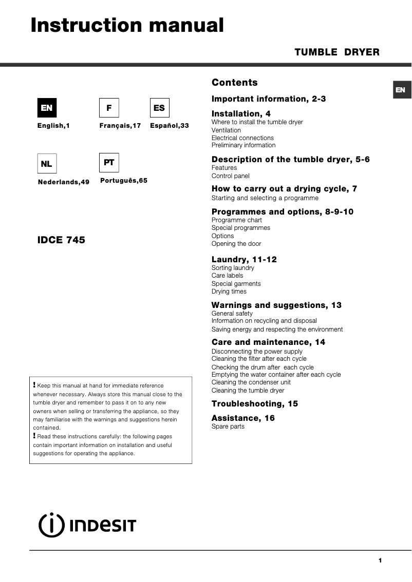 Imagen de la primera página del manual del dispositivo IDCE 745 (EU)