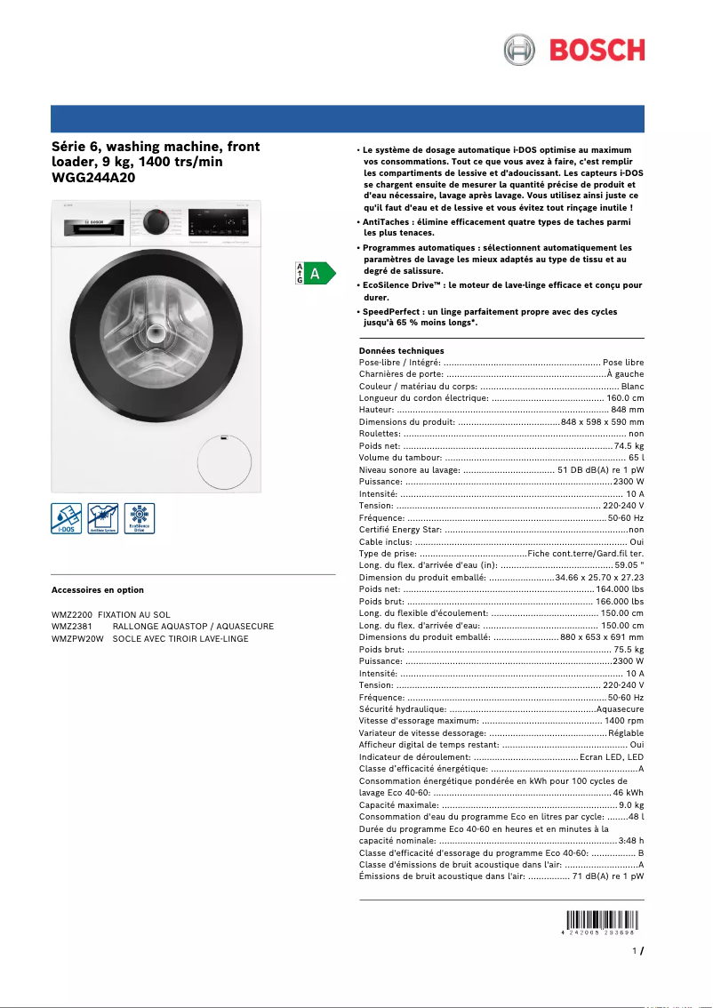 Página 1 del manual Ficha técnica Bosch WGG244A20