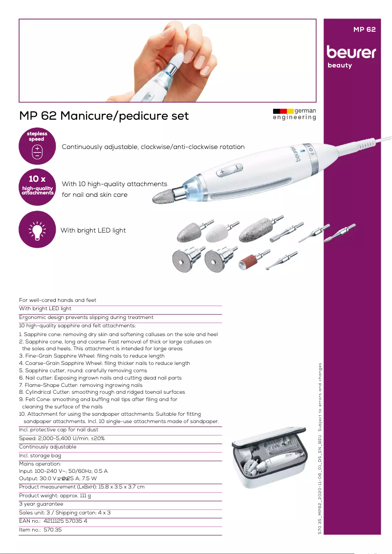 Página 1 del manual Ficha técnica Beurer MP 62