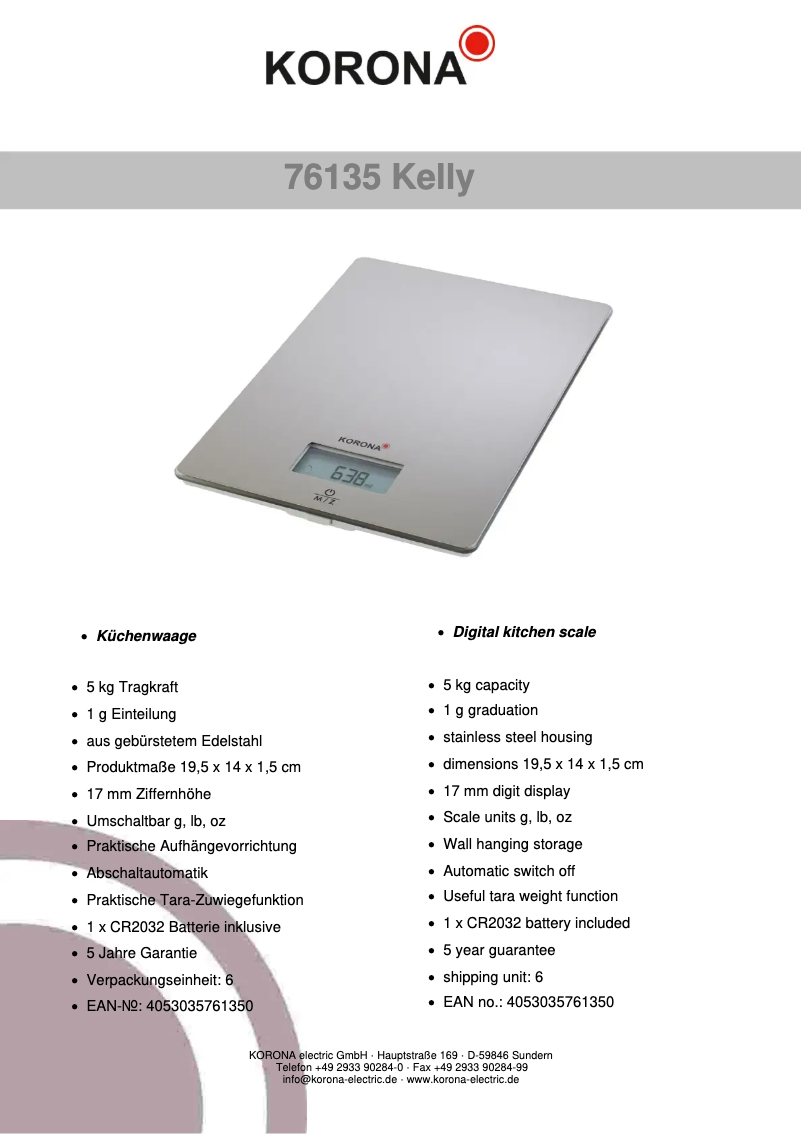 Página 1 del manual Ficha técnica Korona Kelly 76135