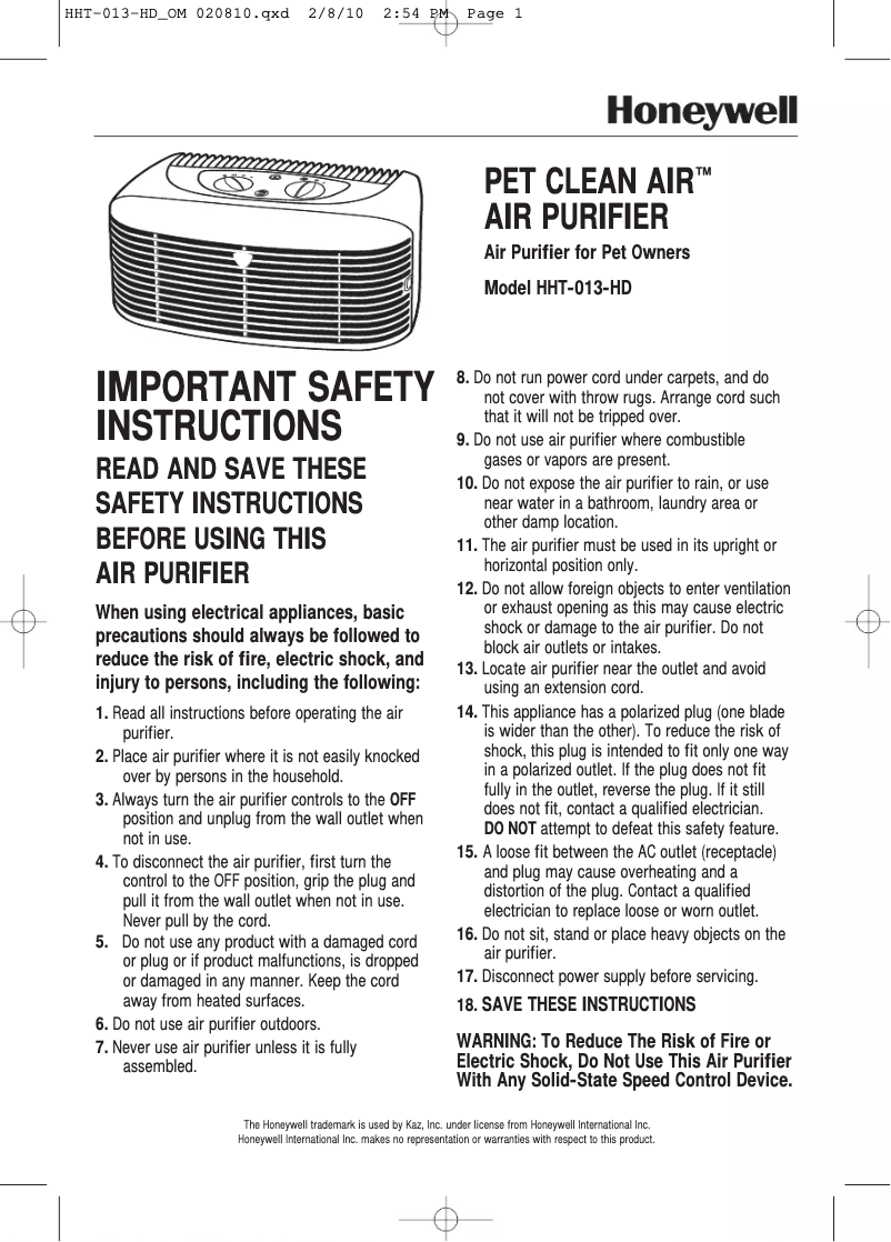Página 1 del manual Manual de usuario Honeywell HHT-013-HD