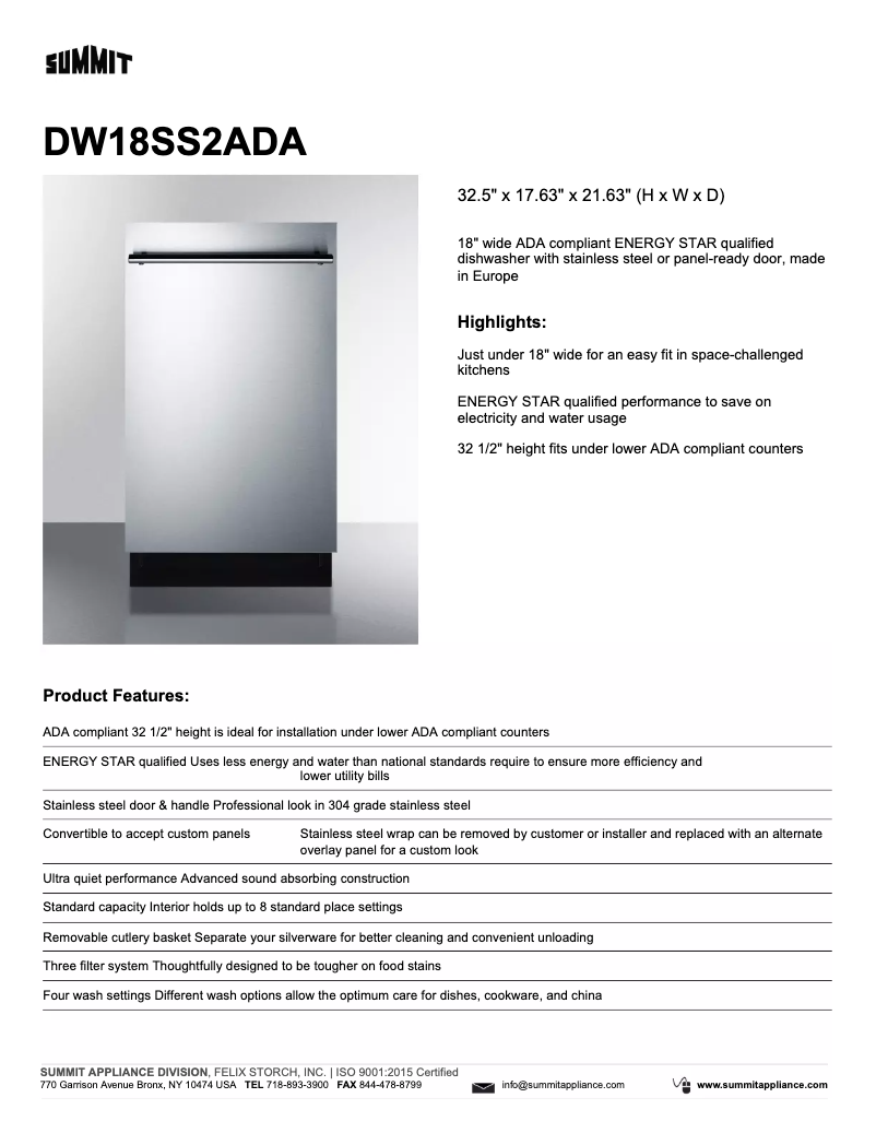 Página 1 del manual Ficha técnica Summit DW182