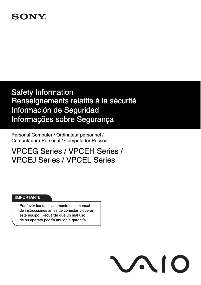 Página 1 del manual Instrucciones de seguridad Sony Vaio VPCEG190X